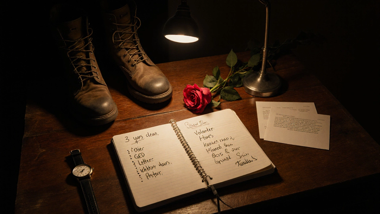 A desk with handwritten notes, combat boots, and a rose symbolizing redemption and discipline.