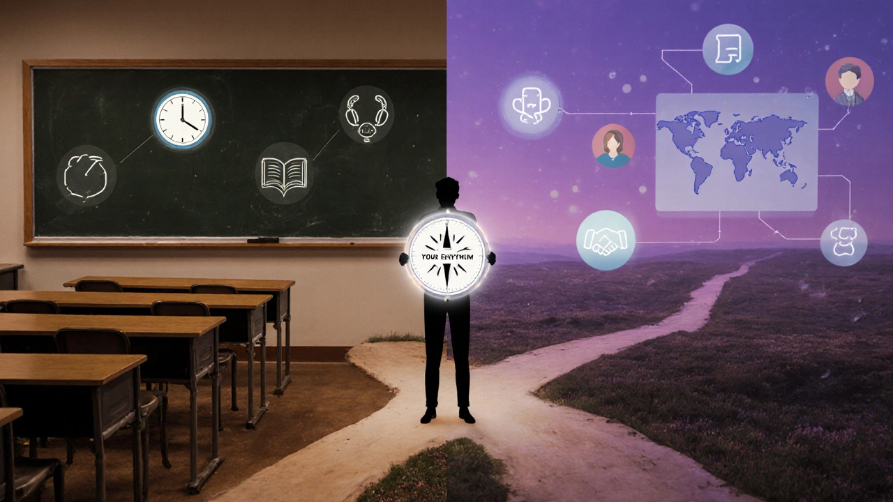 A person standing between a traditional classroom and a digital learning world, holding a compass labeled 'Your Rhythm'.