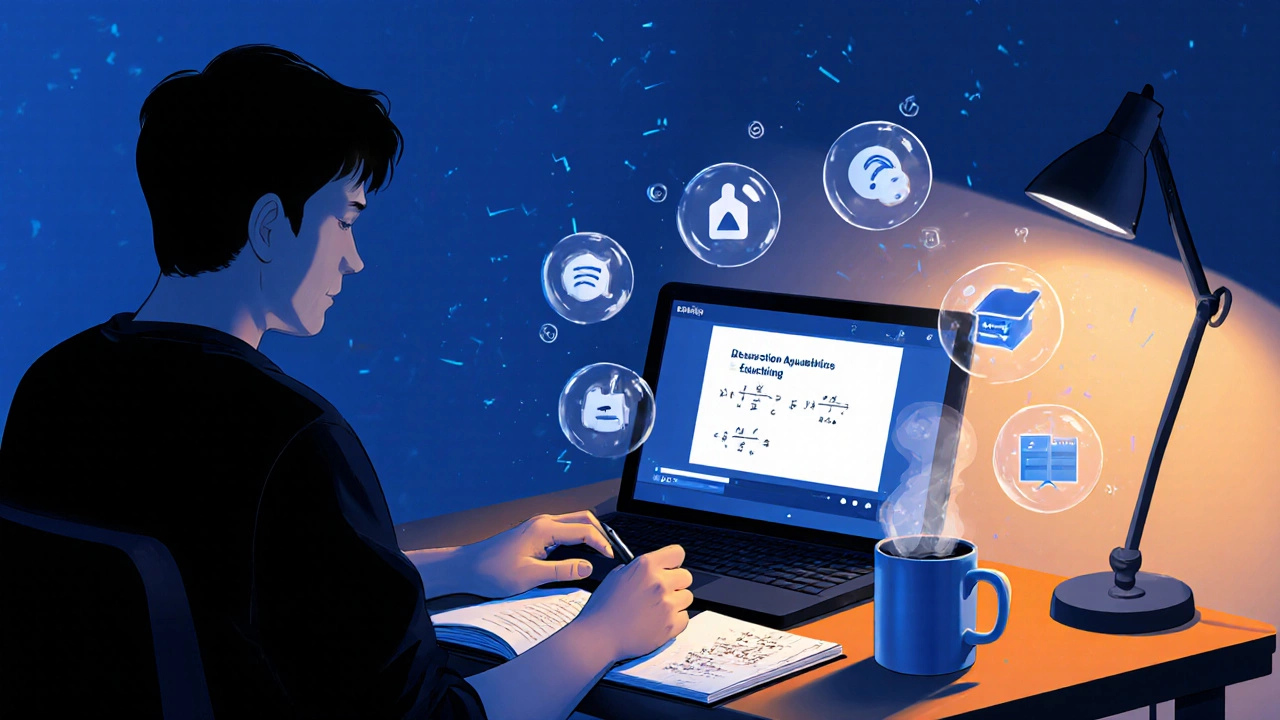 A person studying late at night on a laptop with notes and a mug, digital learning elements glowing around them.
