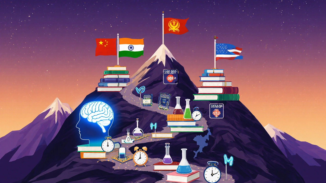 A surreal mountain of textbooks with flags of China, India, and the US at the peak, symbolizing hardest exams.