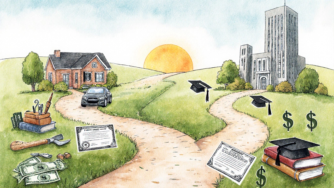 A symbolic path splits into vocational and academic routes, both leading to a hopeful horizon under a rising sun.