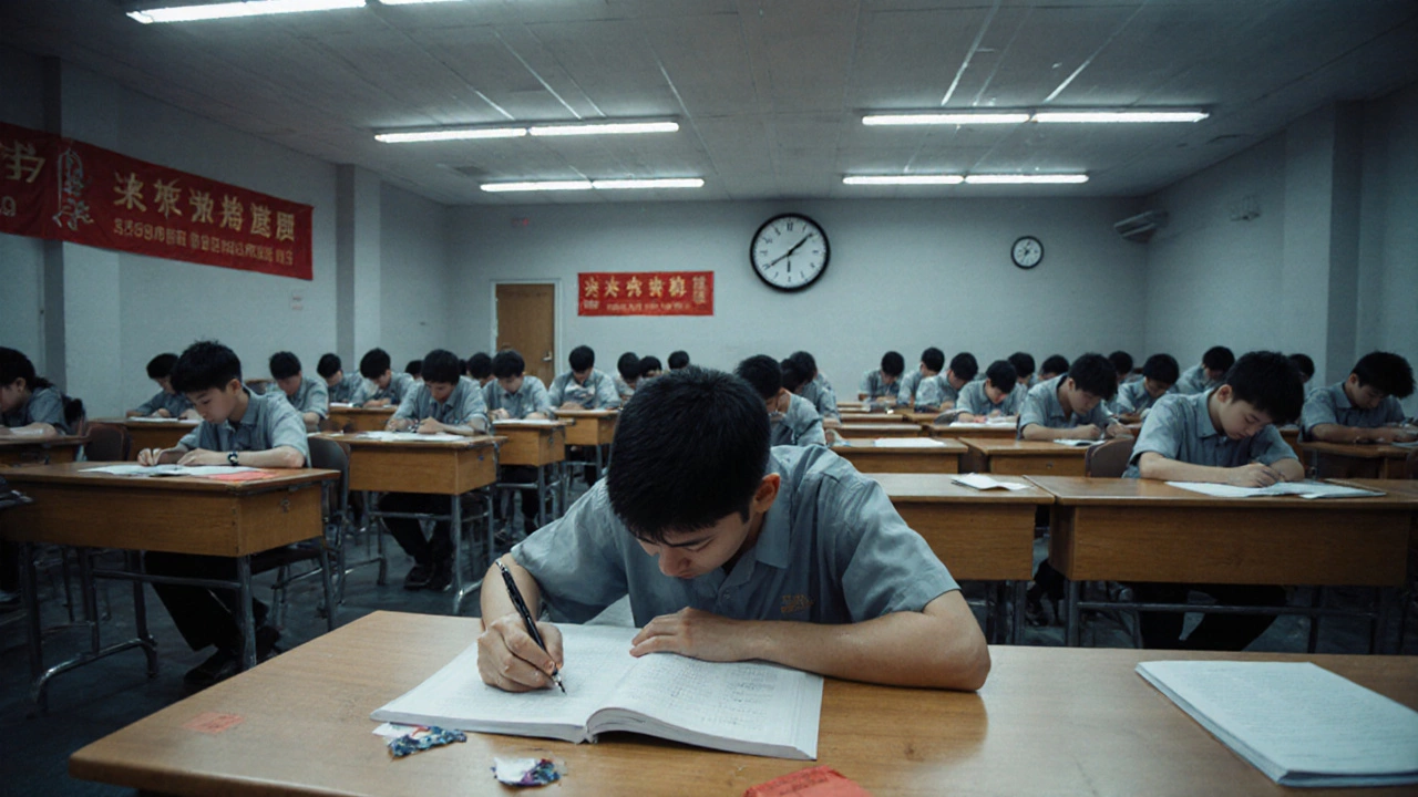 A vast exam hall filled with rows of desks, a student’s hands gripping a pen under a ticking clock.