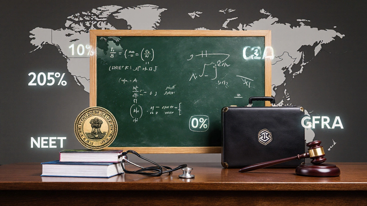 Artistic tableau of exam symbols: equations, UPSC seal, stethoscope, finance chart, and gavel.