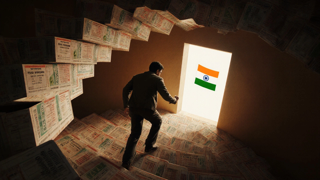 Aspirant climbing a staircase of exam cards toward a glowing door with the Indian flag.