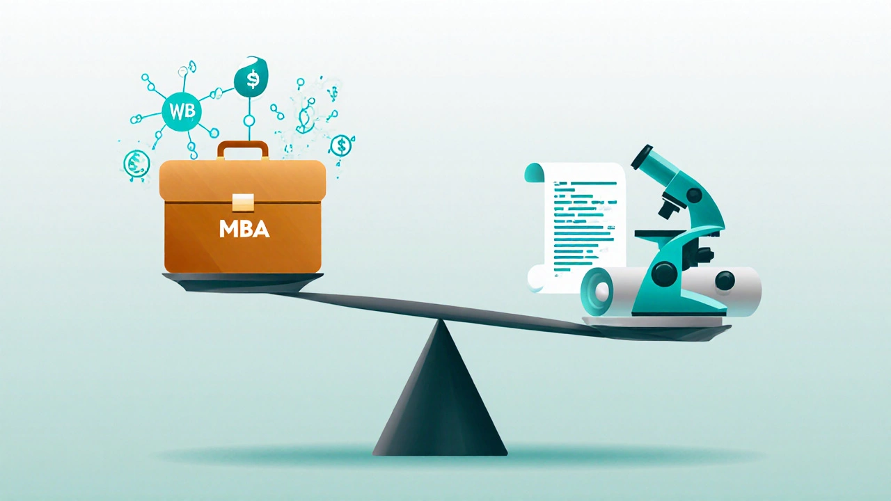Balancing scale showing MBA icons on one side and Master’s icons on the other.