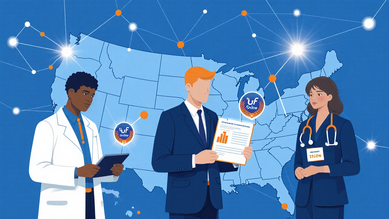 Cinematic scene showing UF Online graduates in diverse careers connected by a network.