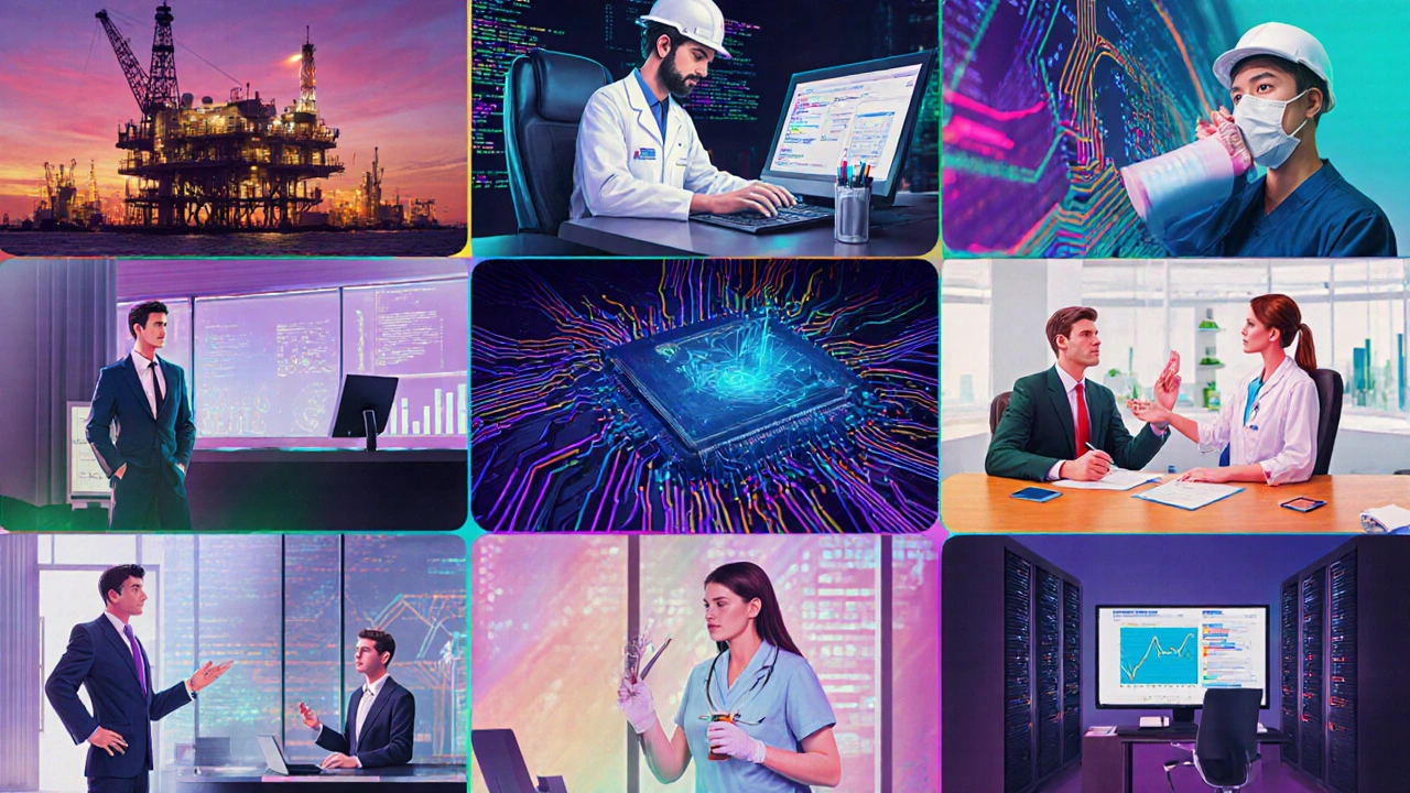 Collage of professionals representing top high‑paying careers in their work settings.