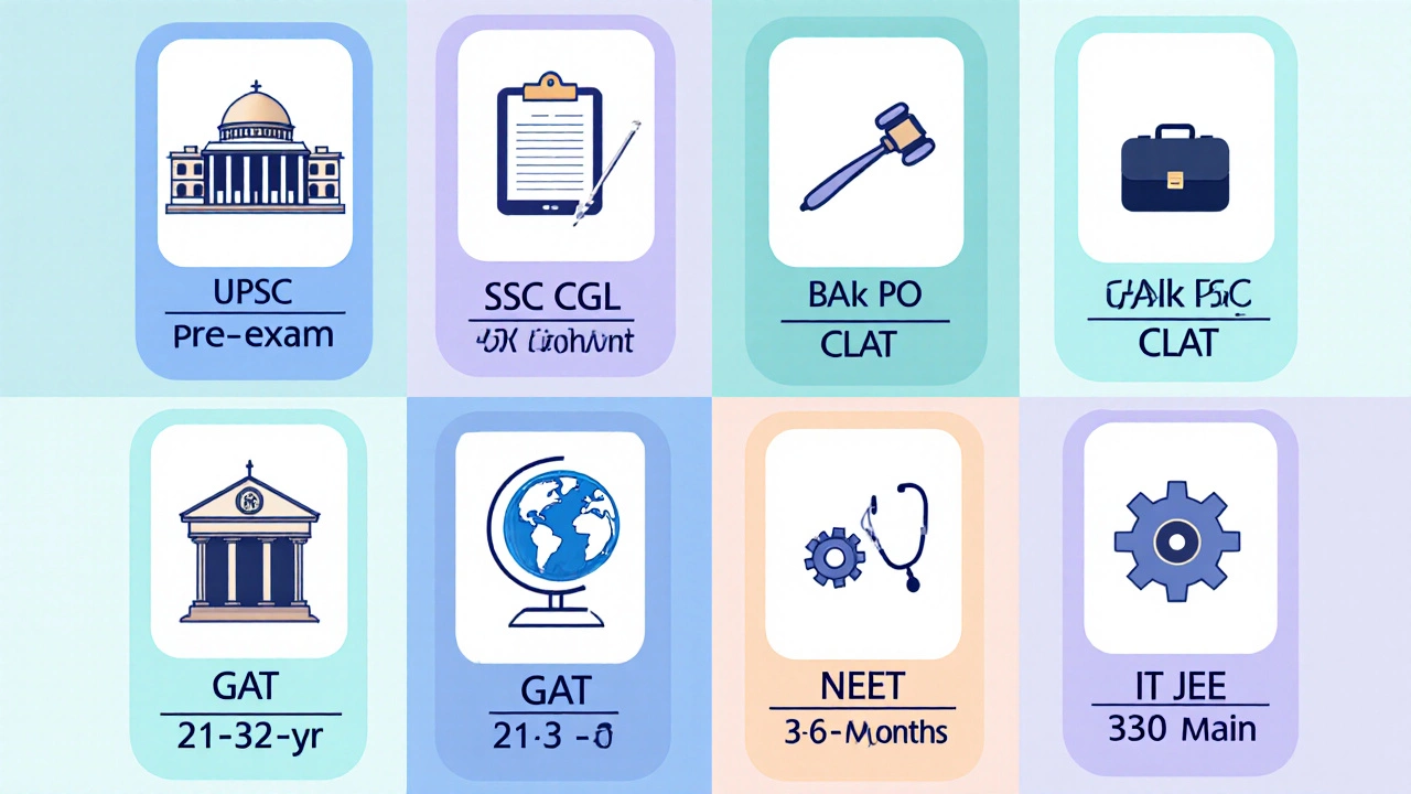 Colorful grid of exam cards showing UPSC, SSC CGL, Bank PO, CLAT, CAT, GRE, NEET, IIT JEE details.