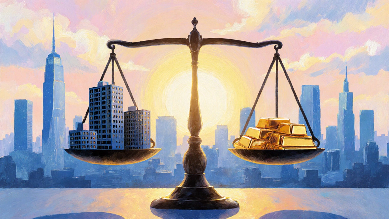 Conceptual scale balancing city apartments against gold bars under a sunrise skyline.