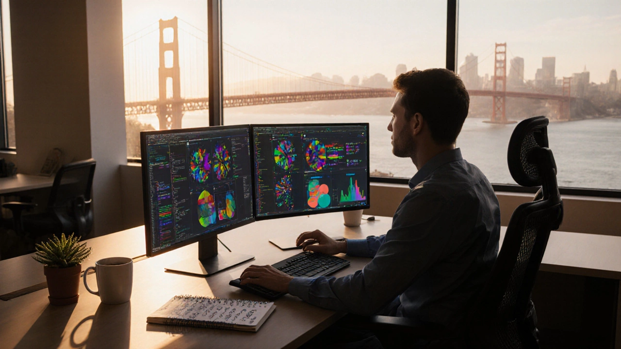 Data scientist working at a desk with city view, surrounded by screens showing code and analytics.