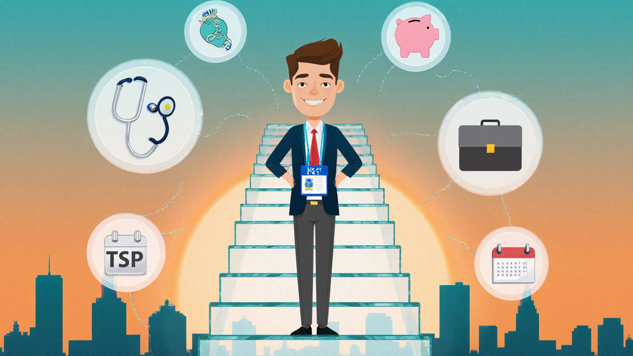 Digital art of a glass career ladder with benefit icons surrounding a GS‑1 employee.