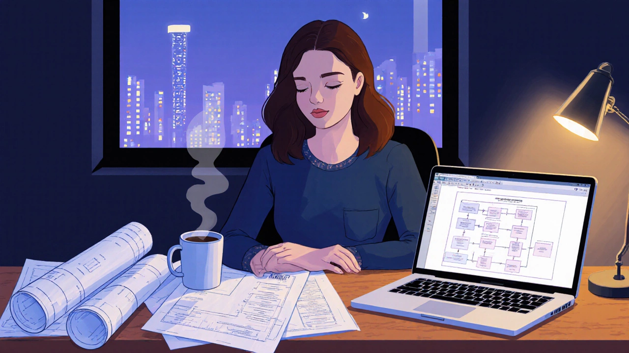 Engineer Laura studying at night with blueprints and MBA casebook on her desk.
