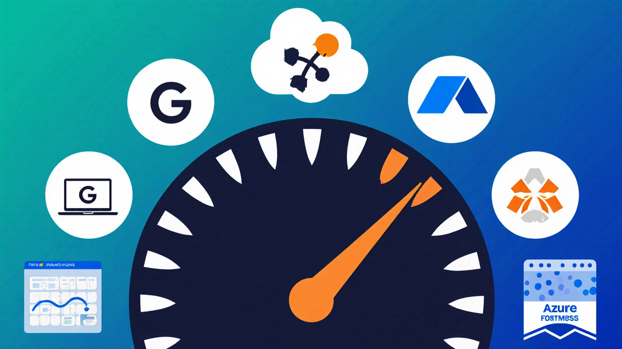 Flat illustration of five certification icons arranged around a speed gauge.