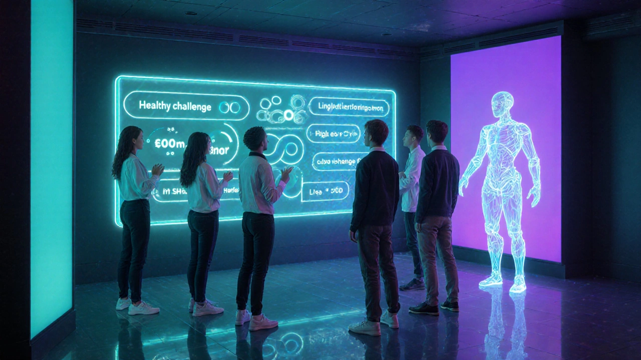 Futuristic lounge with students around a holographic leaderboard and AI guide.