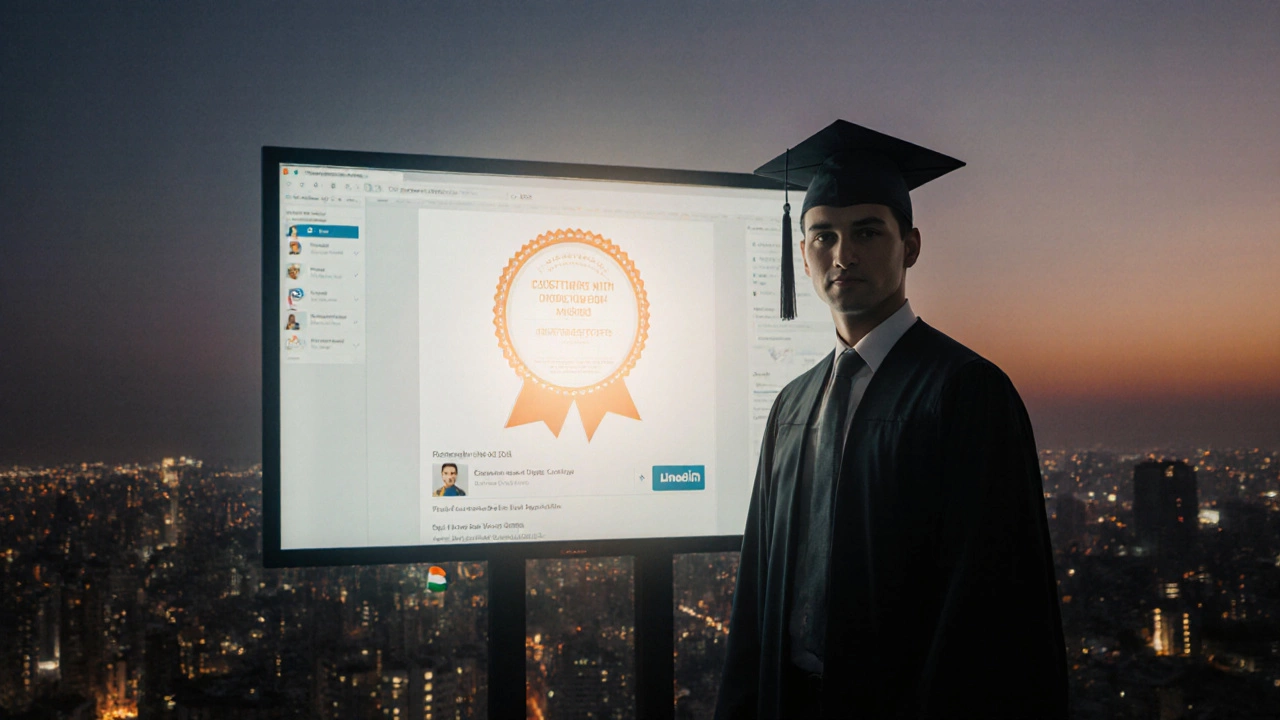 Graduate celebrating a digital badge on a screen with city skyline background.