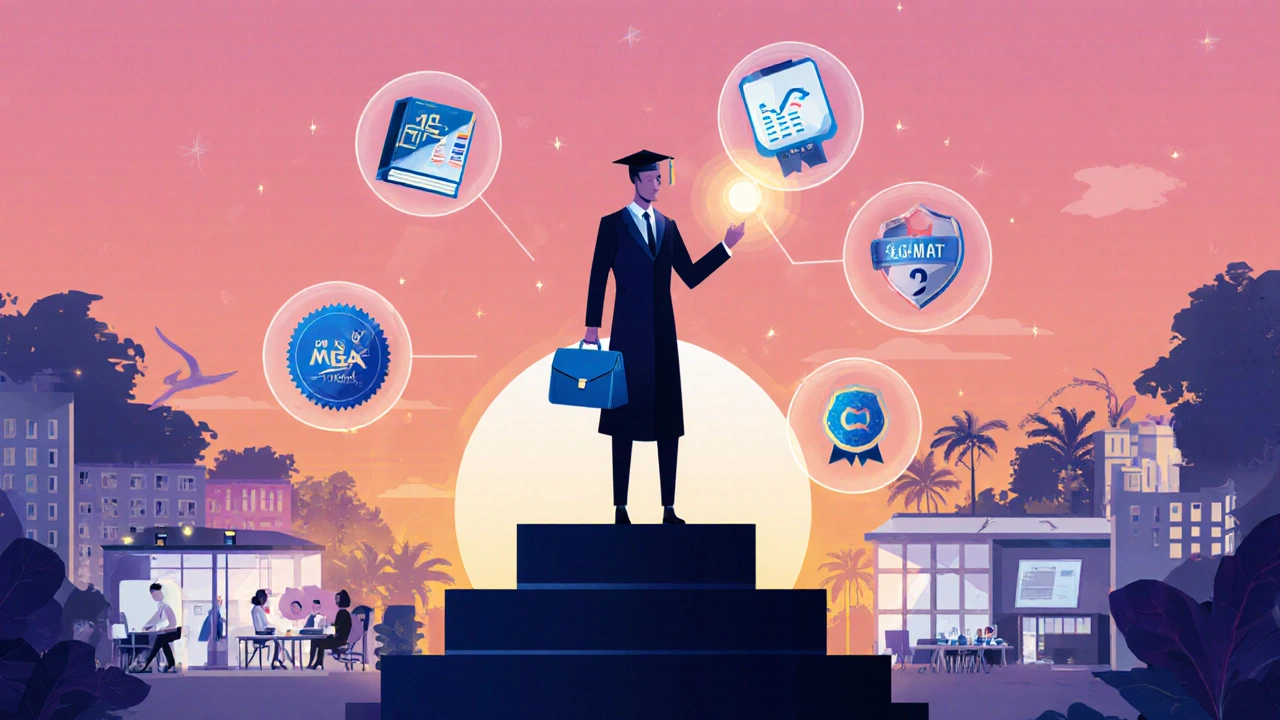 Graduate on a stair-like platform surrounded by icons of stats, projects, GMAT, volunteering, and a prototype, merging diverse study areas.