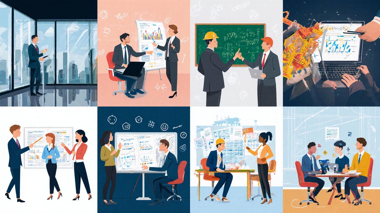 Grid of eight career scenes illustrating finance, economics, engineering, computer science, mathematics, psychology, liberal arts, and accounting.