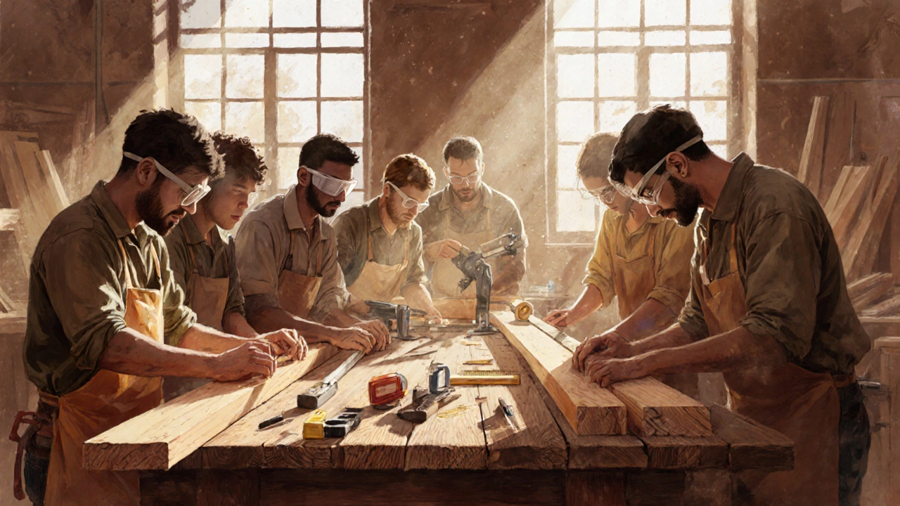 Group learning carpentry in a workshop, measuring and cutting wood.