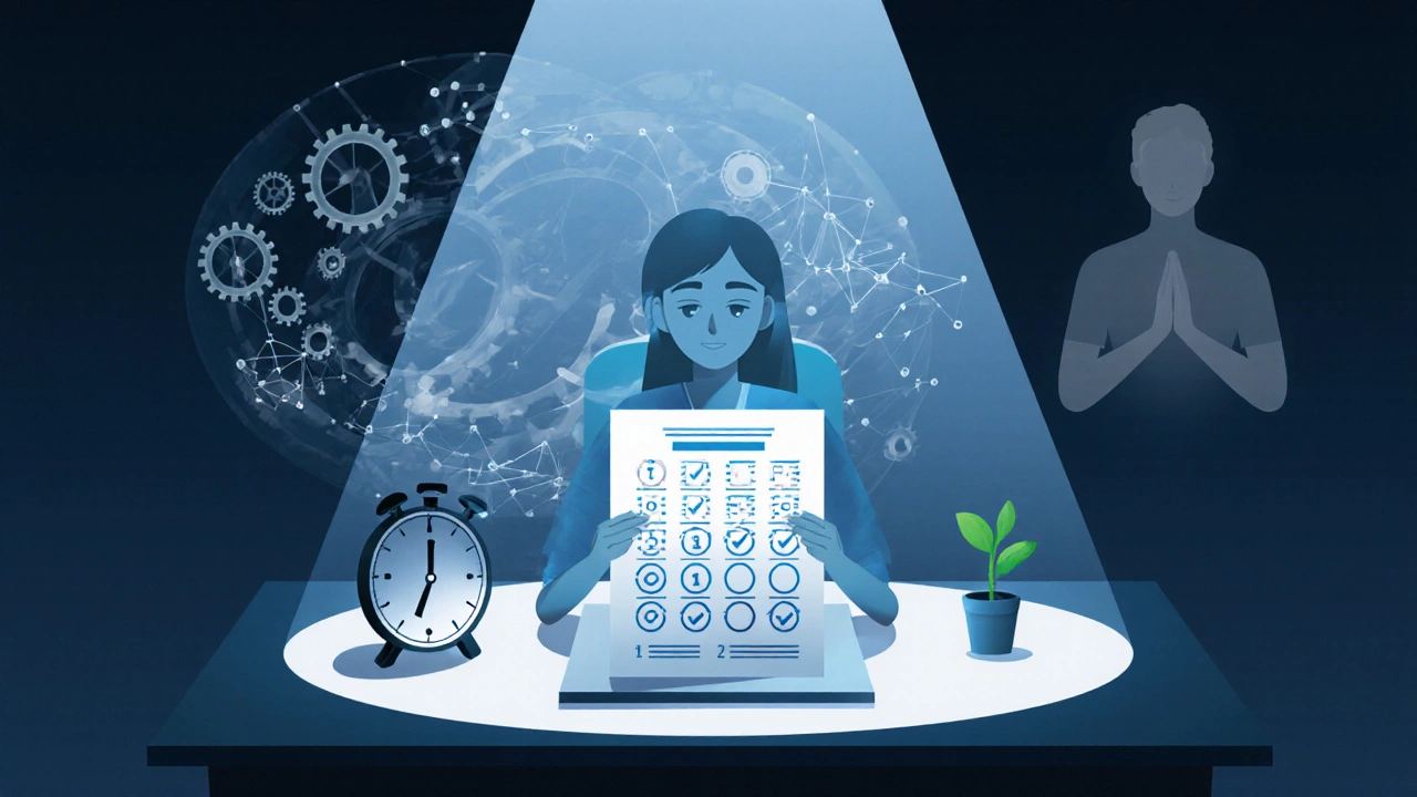 Learner taking a mock test under a clock with gears and a calming breathing exercise illustration.