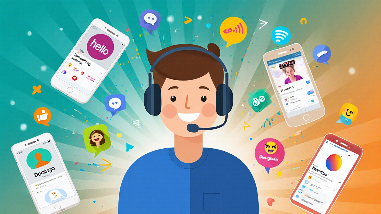 Learner with headphones surrounded by floating phone screens of top English apps and speech wave graphics.