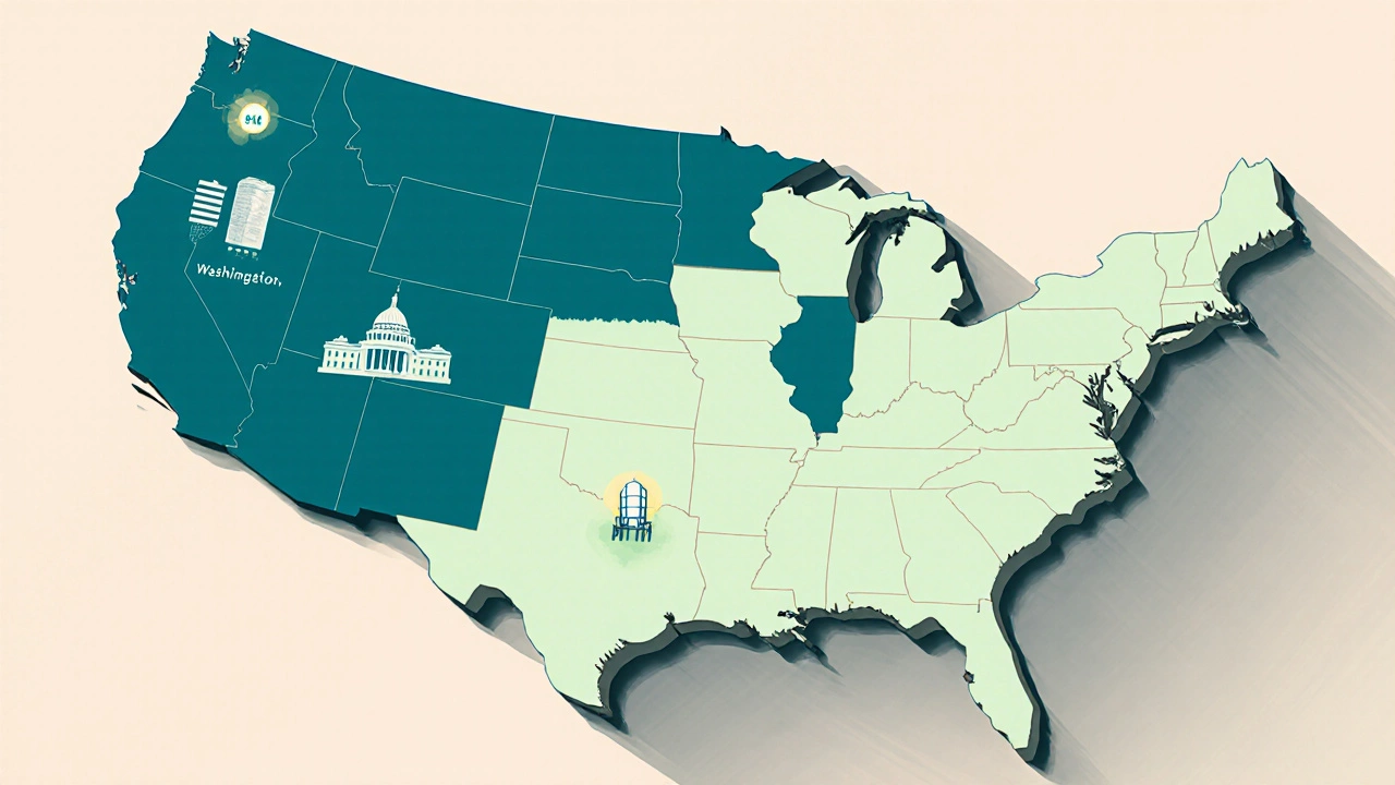 Map of US highlighting high‑pay D.C. area and low‑pay Midwestern city.