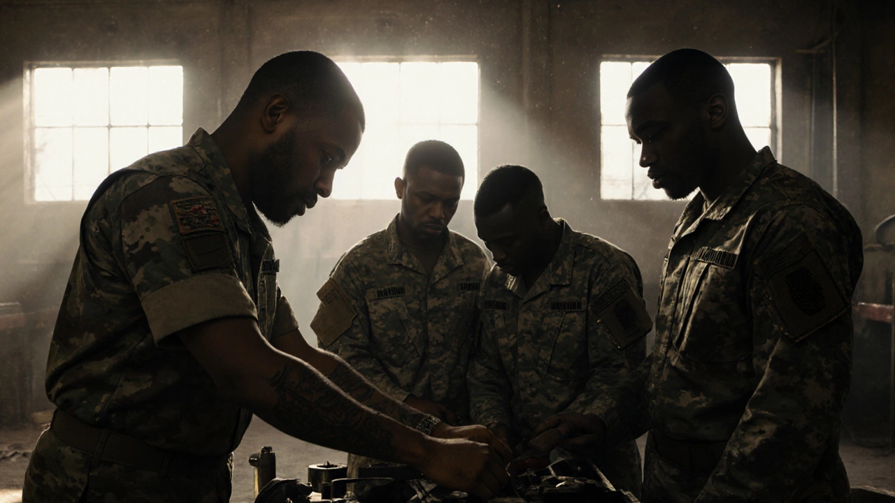 Military mechanics working together in a maintenance bay, showing teamwork and second chances.