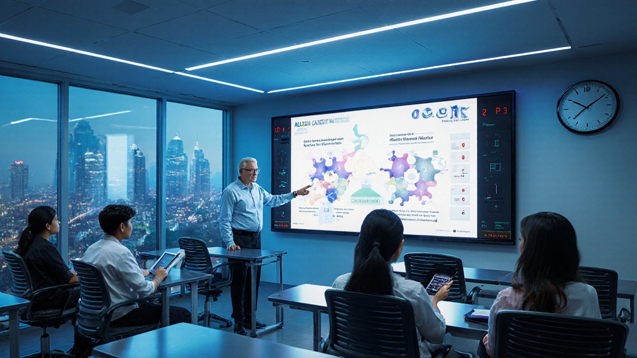 Modern classroom with teacher and engaged students using digital screens at Allen Institute.