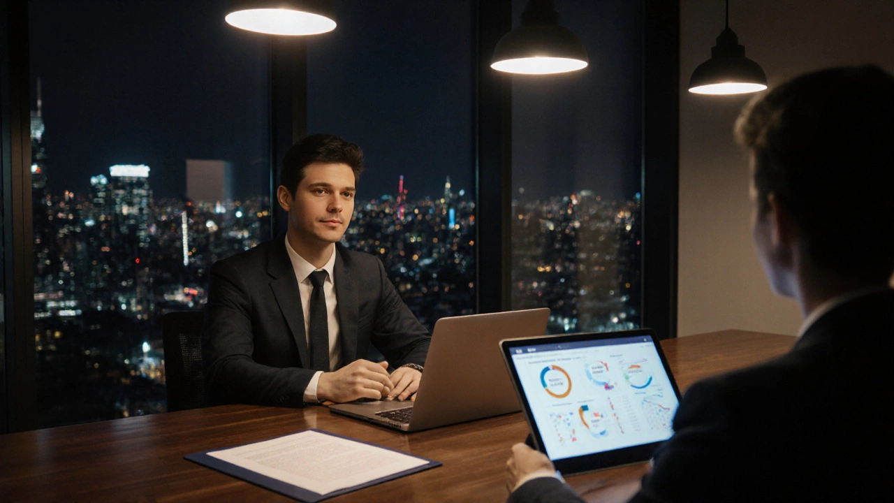 Negotiation meeting with MBA graduate and recruiter in a city‑view office.