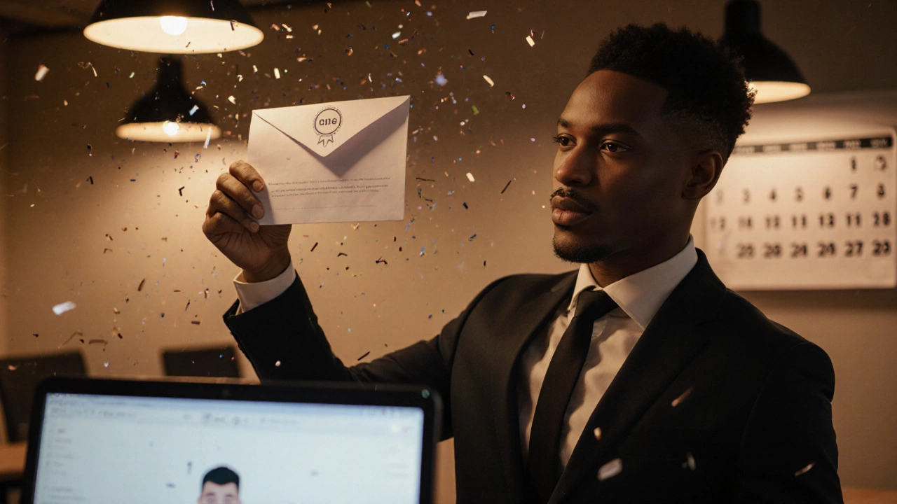 Person holding a certificate in a coworking space with warm lighting and confetti.