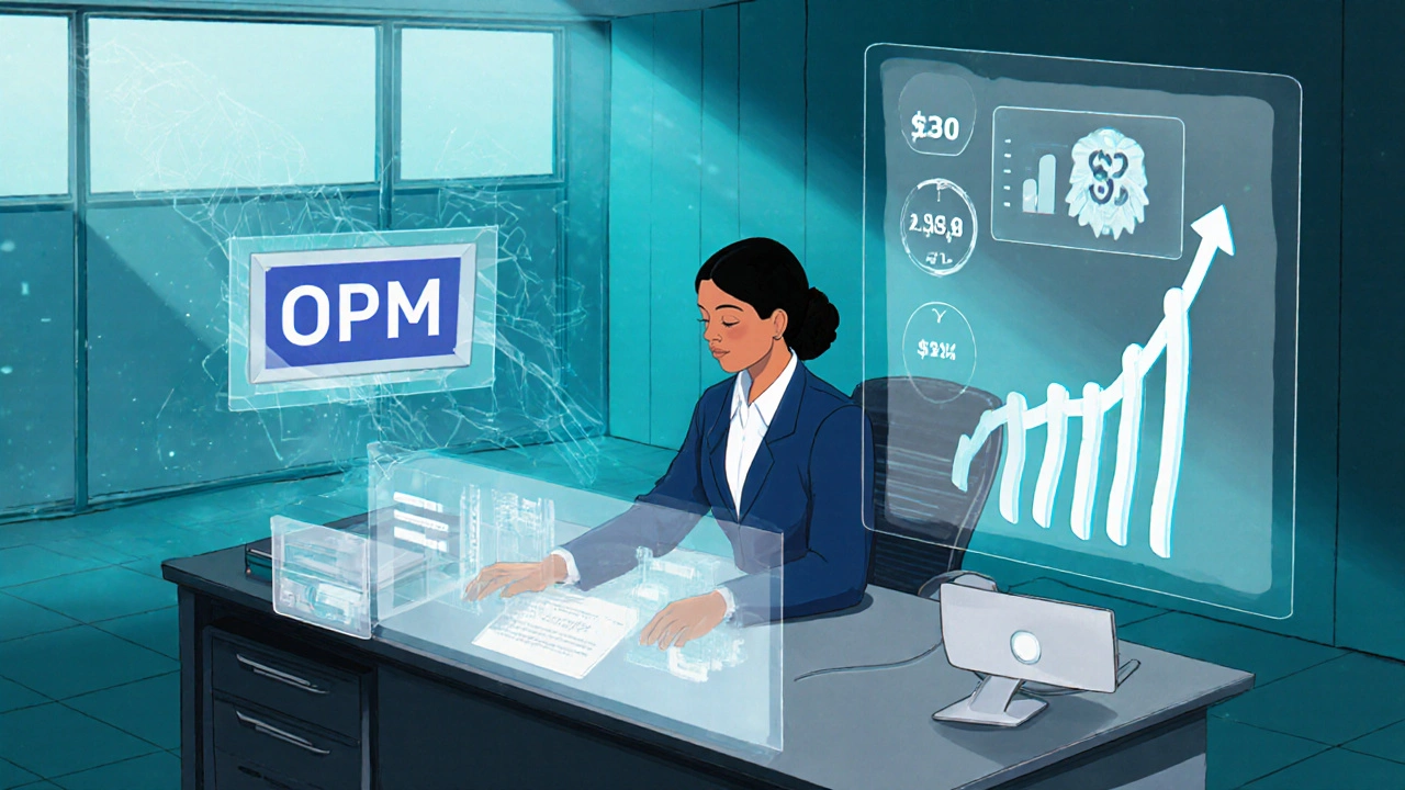 Person using holographic screens to view federal salary data and growth.