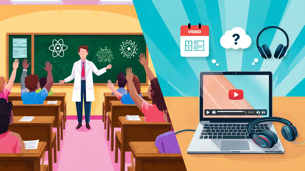 Side‑by‑side view of a classroom with a teacher and an online laptop learning setup.