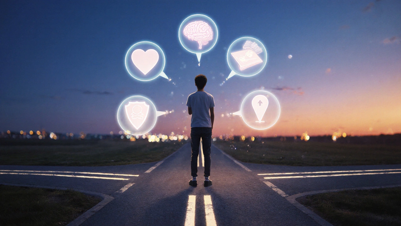 Student at a twilight crossroads with floating icons of factors influencing degree choice.