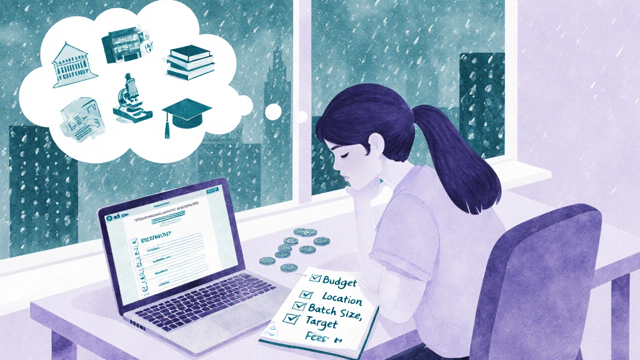 Student at desk comparing online and offline options with a checklist and thought icons.