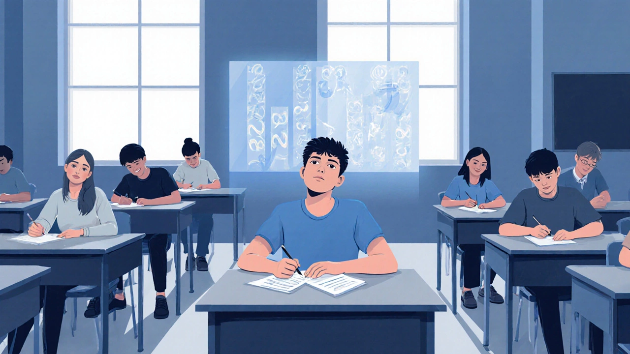 Student in exam hall glances at a ghostly rank overlay, showing modern social comparison.
