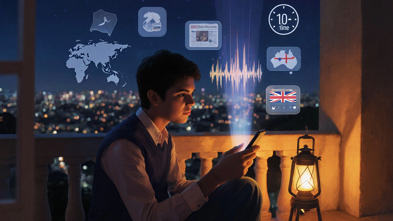 Student on balcony practicing English with audio waves, timer, and icons of accents under evening lights.