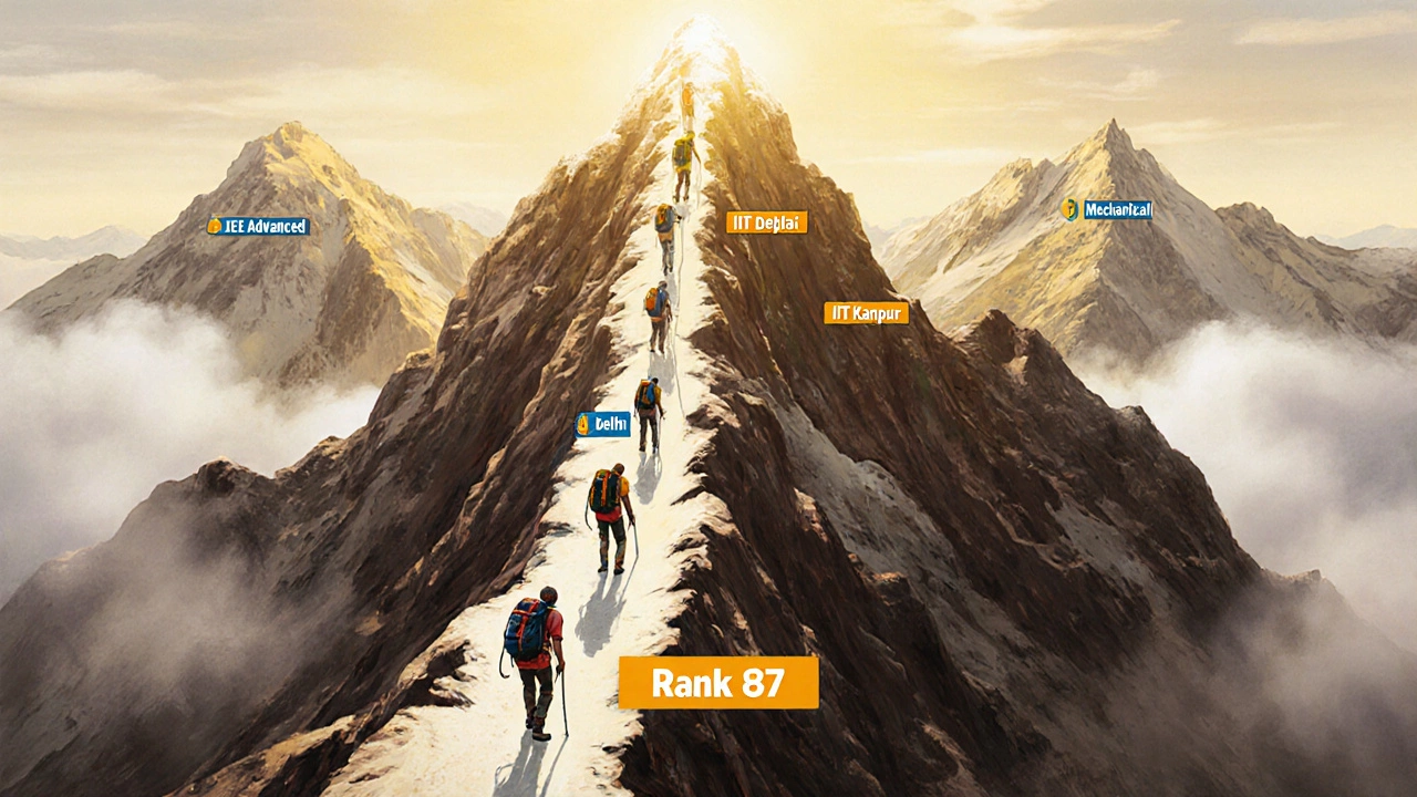 Symbolic mountain path with climbers heading toward IIT peaks, only a few reaching the top labeled 'CSE - Rank 87'.