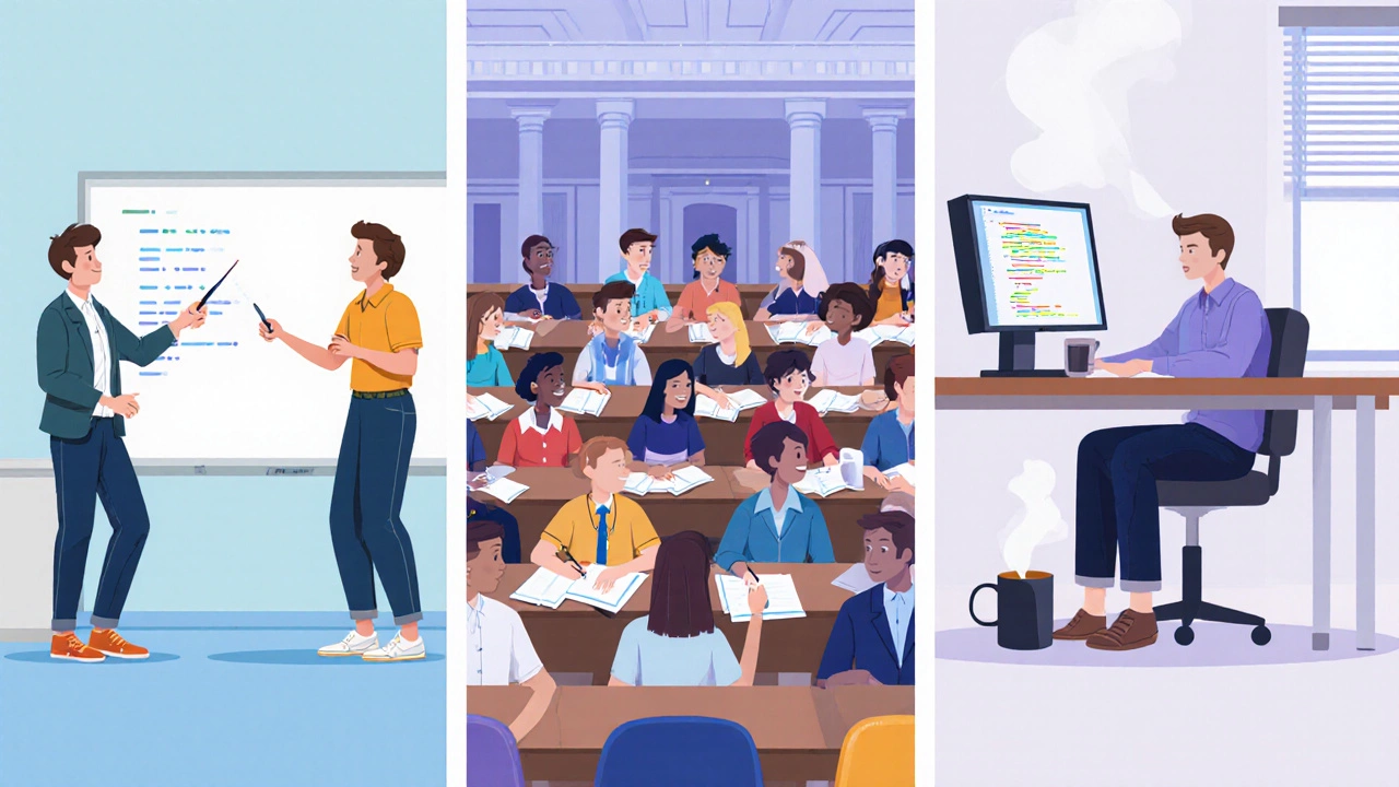 Three panels showing bootcamp, university, and self‑taught coding environments.
