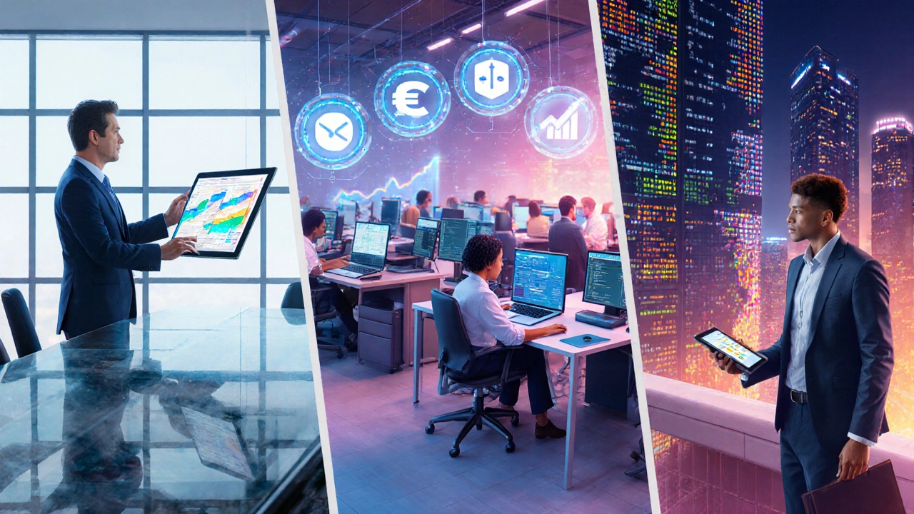 Three workplace scenes showing consulting, tech, and investment banking professionals.