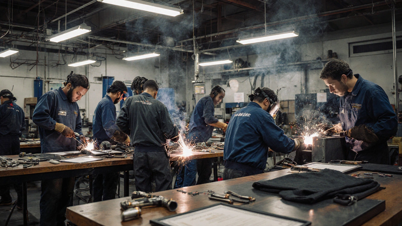 Trainees practicing welding, plumbing, and CNC machining in a bright, active trade workshop.