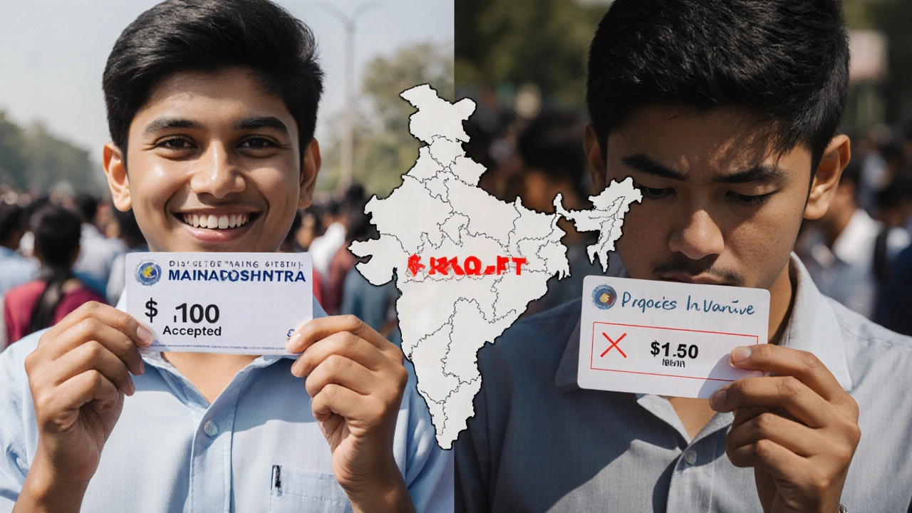 Two students side by side: one from Maharashtra accepted to IIT Bombay CSE at rank 1,100, another from Bihar rejected at rank 950.