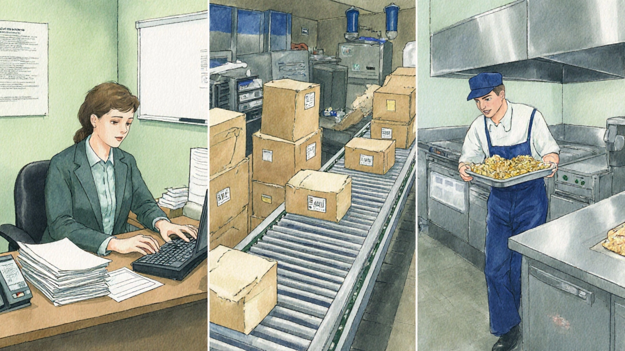 Watercolor collage of clerical worker, mail clerk, and food service worker in federal settings.