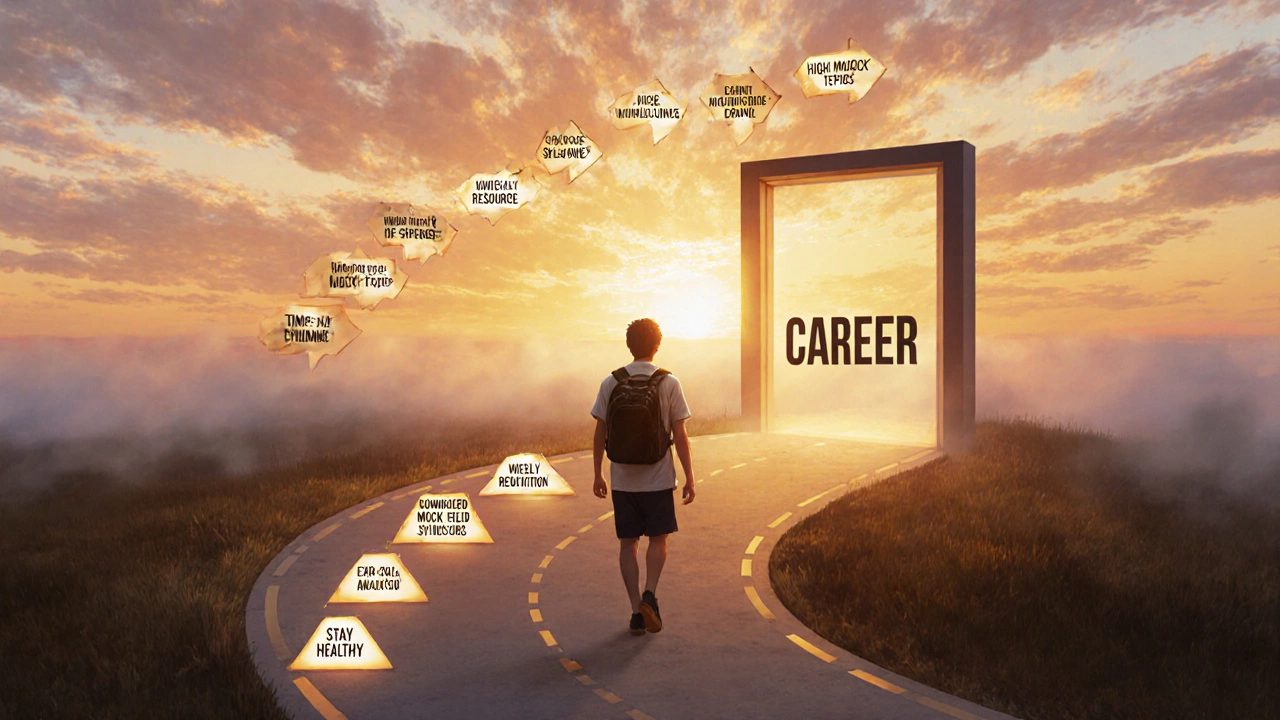 Winding roadmap of preparation steps leading to a bright doorway labeled &#039;Career&#039; at sunrise.