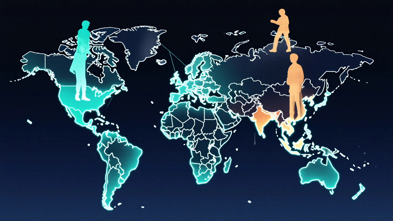 World map with colored coder silhouettes indicating regional age differences.