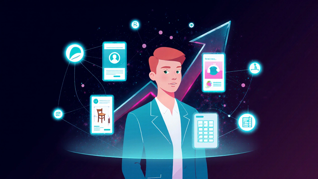 Young professional presenting a holographic portfolio surrounded by trade icons and growth arrows.