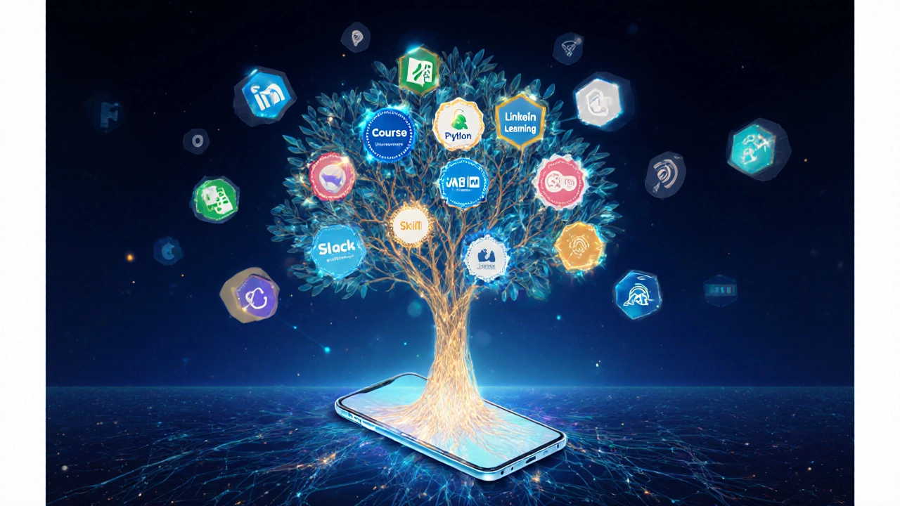 A digital tree with certification badges as leaves, rooted in devices and glowing with AI feedback.