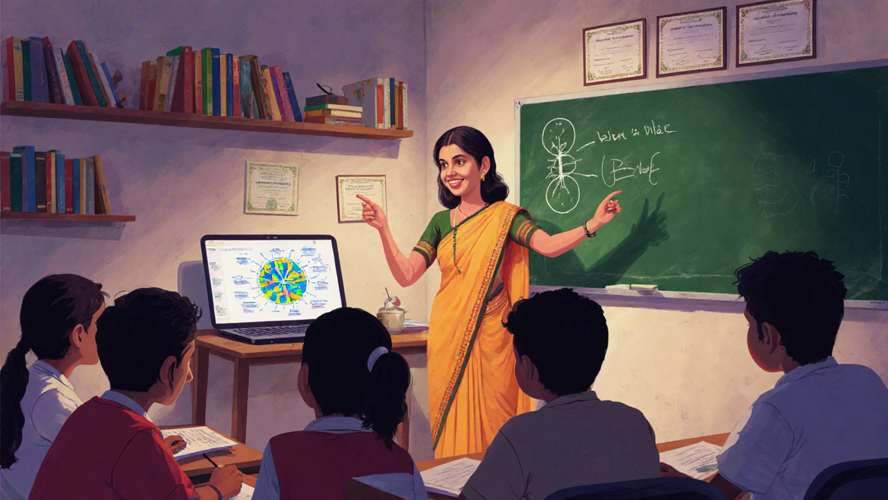 A freelance NEET tutor teaching a small group of students in a home room with books, a laptop, and a chalkboard.