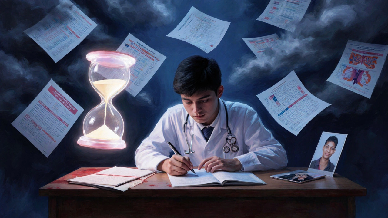 A medical aspirant surrounded by floating anatomy charts and an hourglass draining rapidly.