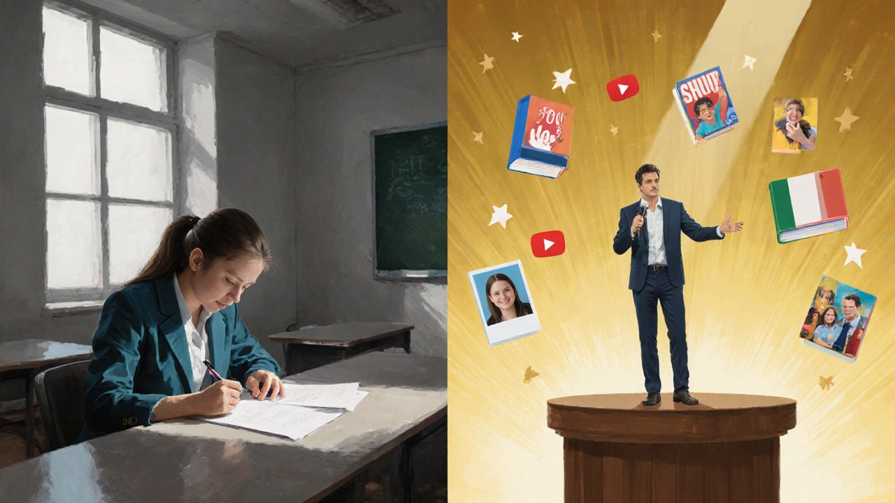 A split-image concept showing a teacher&#039;s journey from grading papers to speaking at an education conference.