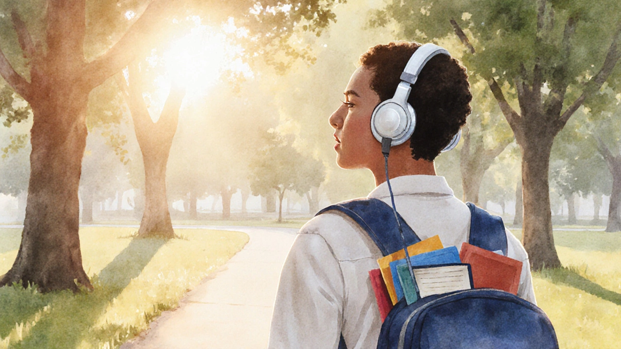 A student walking peacefully in a sunlit park, headphones on, calm and balanced.