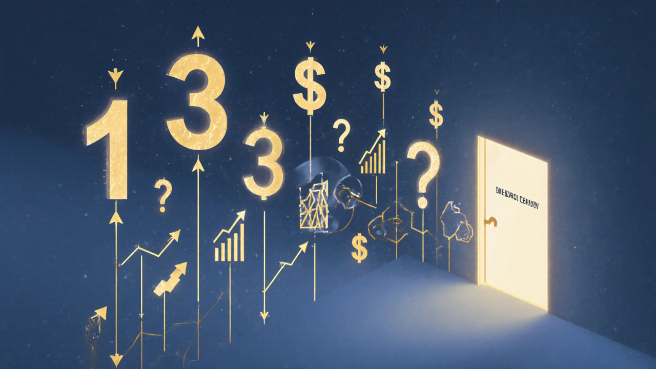 Abstract path of numbers and symbols leading to a lighted door representing data-driven decisions.